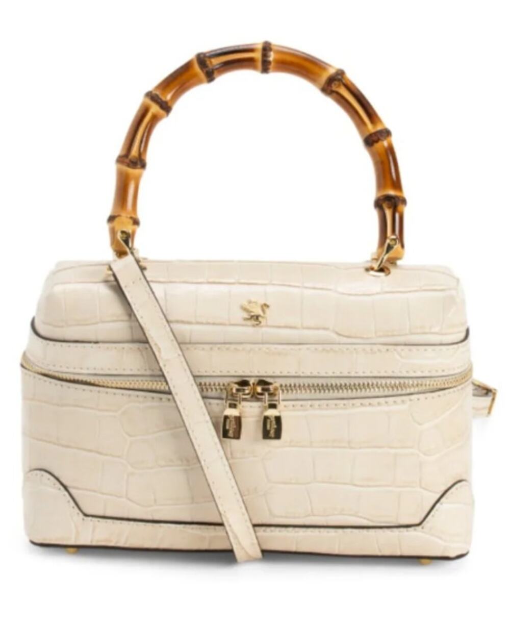 Pratesi Italy White Croc Leather Vanity Case Bag Bamboo Top Handle Crossbody NWT